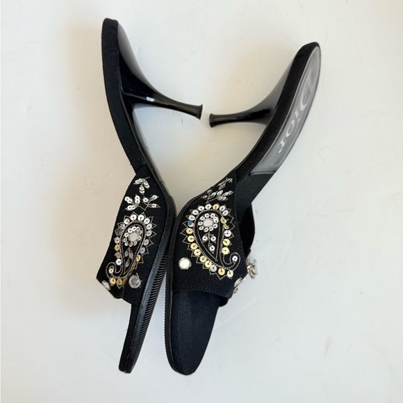 Christian Dior Retro Black Floral Sequin Koi Lock Key low heel Mules Vintage 37 - Picture 5 of 10
